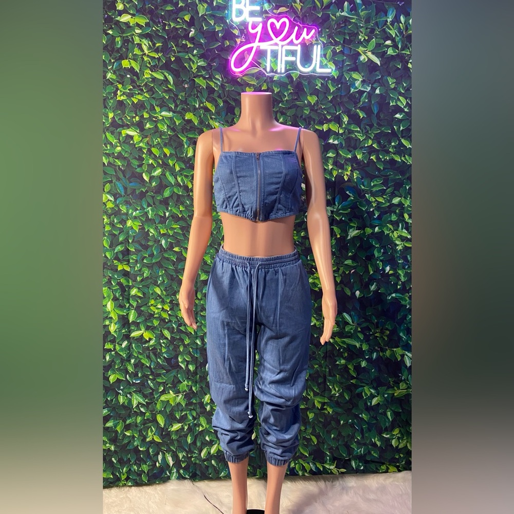 Blue Denim Crop Top and Jogger Set